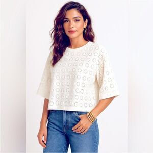 Madewell NWT Embroidered Wide Sleeve Size XS Boxy Tee in White Floral in Cotton